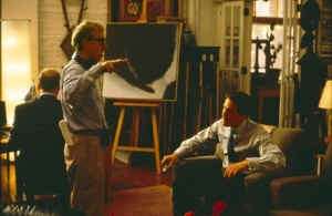 Director Woody Allen talks with Hugh Grant on the set of the comedy "Small Time Crooks"